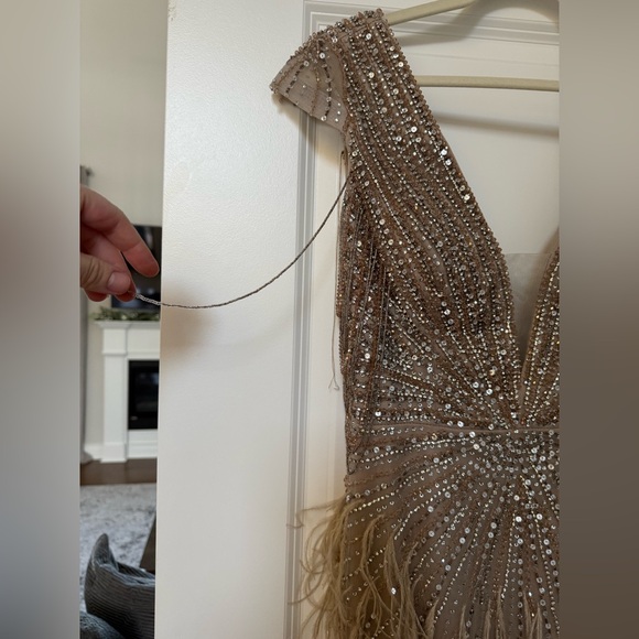 Elegant Gold Beaded Prom Gown with Feather Details BRAND NEW - Picture 6 of 17